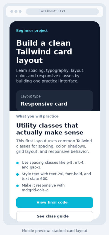 Mobile preview of a Tailwind CSS card layout with stacked content.