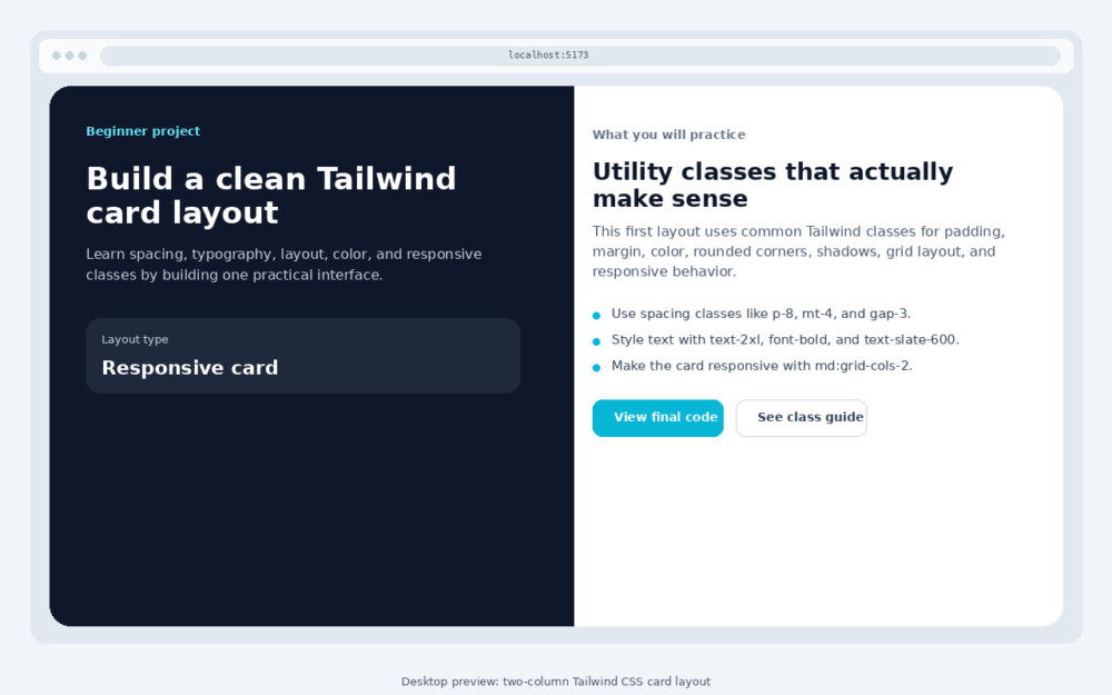 Desktop preview of a responsive Tailwind CSS card layout with two columns.