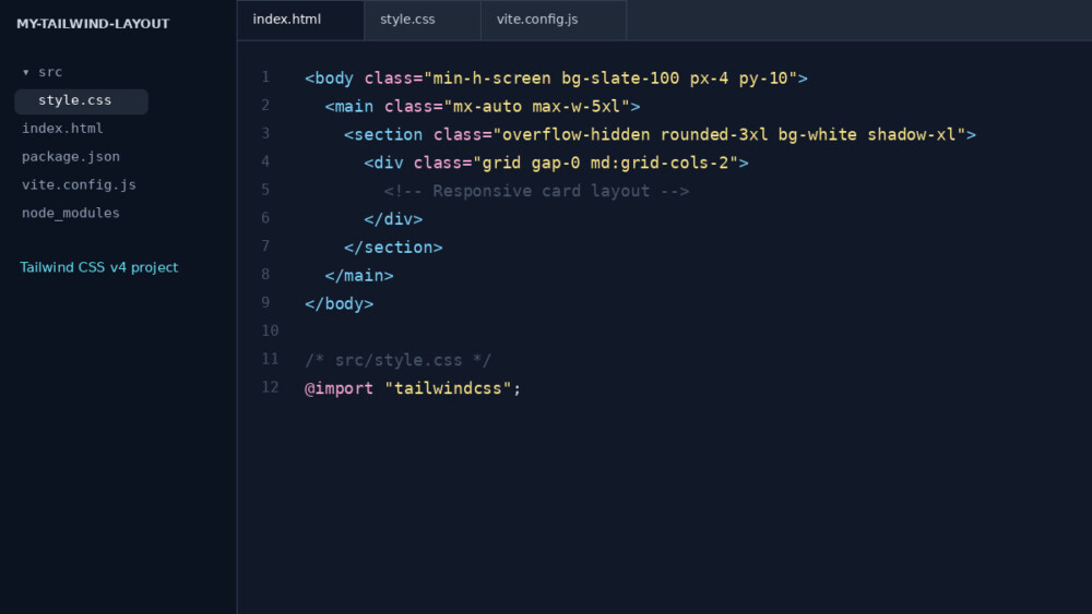 VS Code showing a Vite project with index.html, package.json, vite.config.js, and src/style.css.